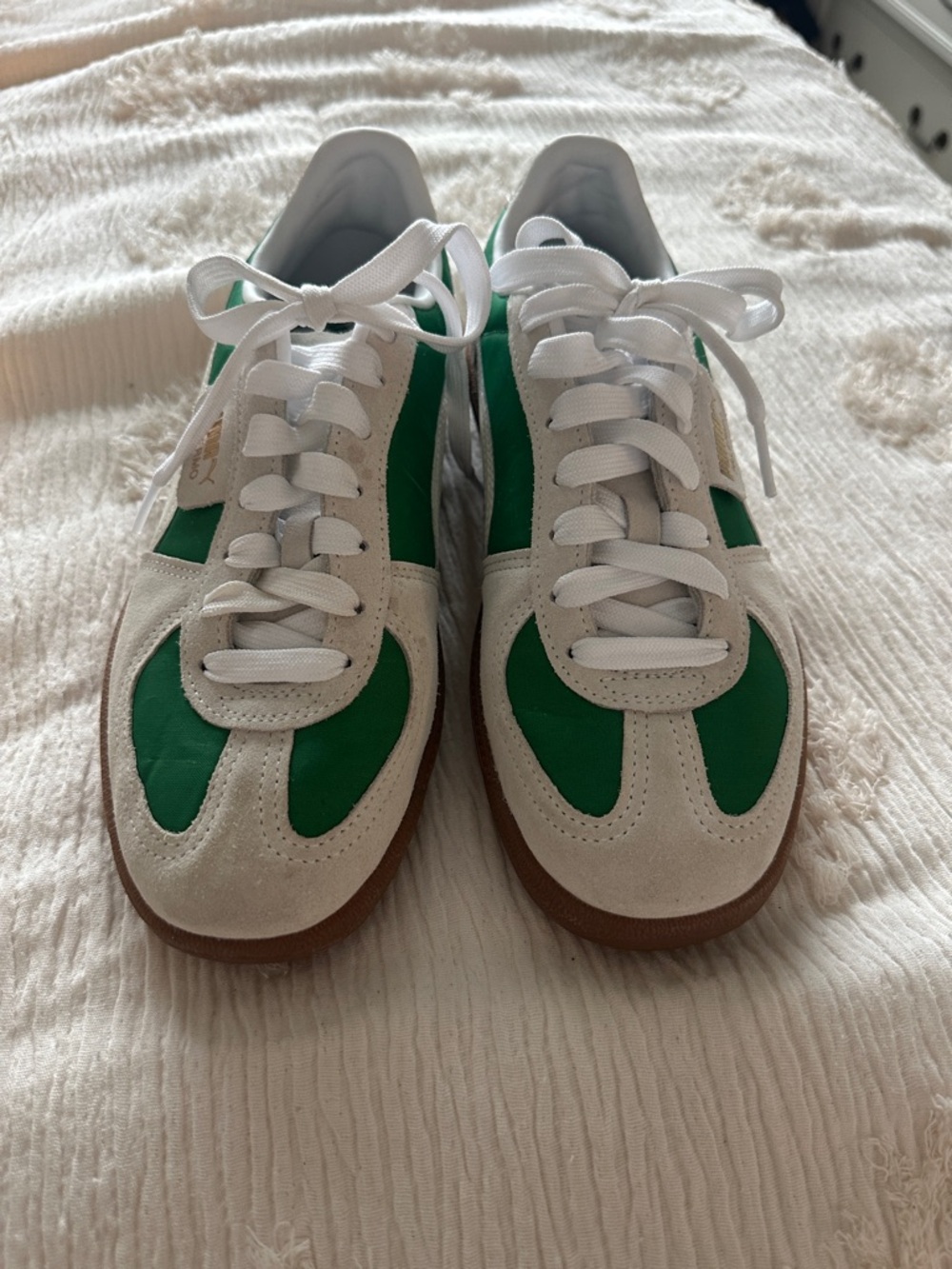 Puma White and Green Suede-Accent Sneakers